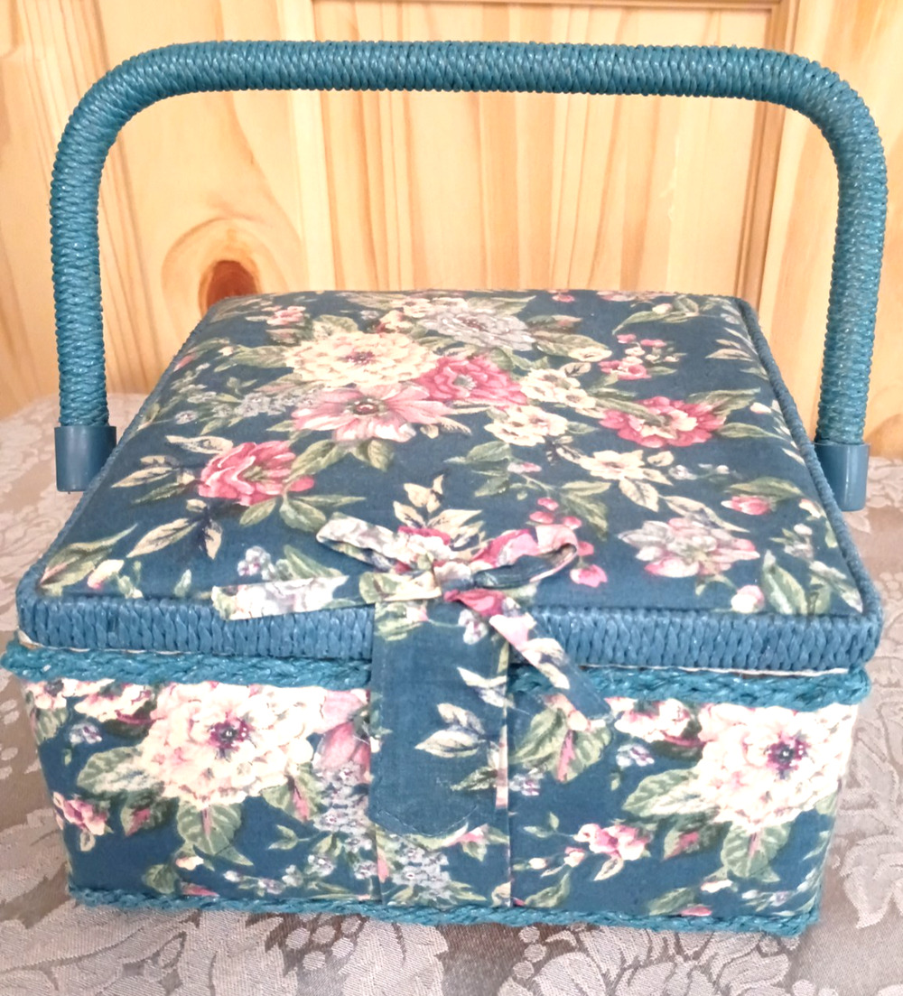 Blue Floral Fabric Country Cottage Sewing Basket 8x8x4 No Inside Tray